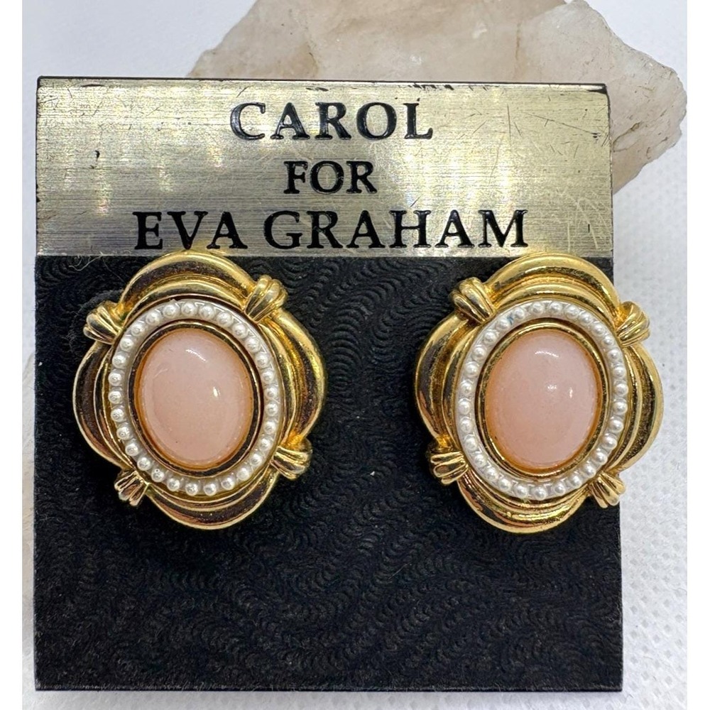 Carol For‎ Eva Graham Pink Cabochon Pearl Pierced Earrings Gold Tone Vintage
